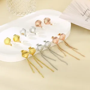 Stainless Steel Shell Artificial Pearl Dangle Earrings Summer Beach Tassel Pendant Drop Earrings For Women Jewelry