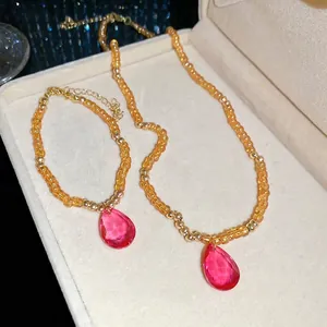 French style amber crystal beaded necklace and bracelet set with pink teardrop pendant