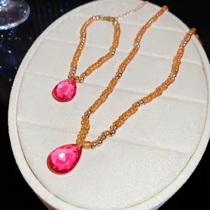 Elegant French style pink crystal beaded teardrop necklace and bracelet jewelry set