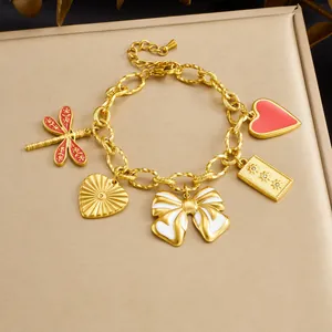 Bracelet à Breloques Mode en Acier Inoxydable Plaqué Or Émail Nœud Libellule Cœur Bijoux Élégants pour Femmes Cadeau