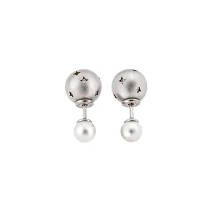 Elegant silver frosted star stud earrings with sparkling zircon and white hanging pearls