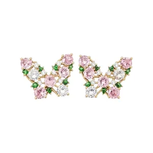 Elegant butterfly stud earrings with pink and green zircon stones in a gold finish