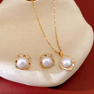Luxury Square Artificial Pearl Zirconia Necklace Stud Earrings Gold Plated Copper With Silver Post For Women Jewelry