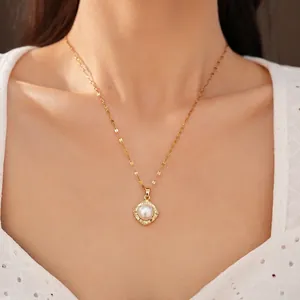 Elegant square pearl necklace with zircon accents on a dainty gold clavicle chain