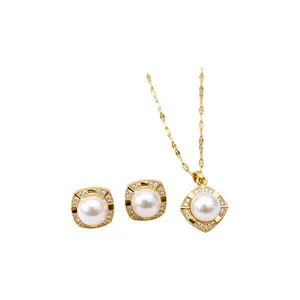 Elegant white pearl jewelry set with square zircon-studded frames and gold necklace