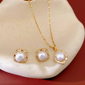 Detailed view of elegant square zircon pearl necklace and stud earrings set
