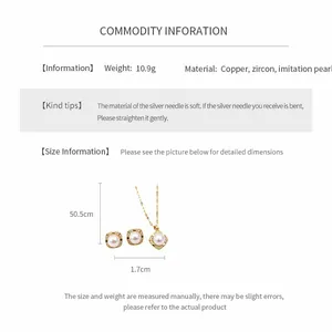 Product specifications showing weight and dimensions for zircon pearl necklace and earrings
