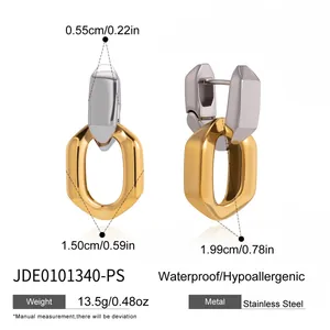 Vue détaillée des boucles d'oreilles bicolores en acier avec poids et dimensions.