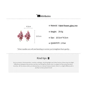 Detailed specification chart for pink fabric flower tassel earrings with size info