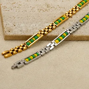 Roestvrijstalen horlogeband armband met groene en gele kralen, 18K goud verguld stijl.