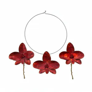 Elegant red enamel orchid flower jewelry set featuring collar necklace and stud earrings