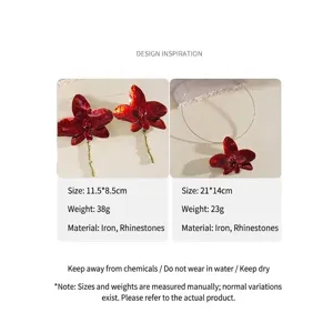 Close-up of vintage red orchid earrings and necklace set with rhinestone details.