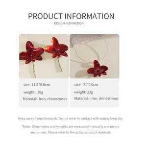 Close-up detail of vintage red enamel flower earring and necklace set with dimensions