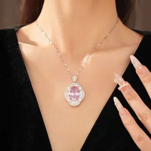 Elegant oval pink zircon necklace for women with halo crystals on model