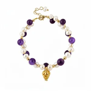 Elegant 18k gold plated bracelet with freshwater pearls and purple amethyst beads
