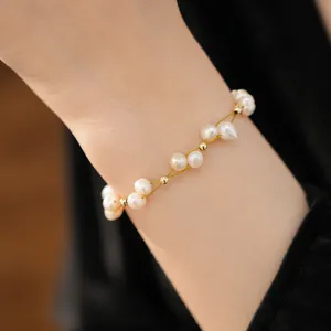 Elegant 18k gold plated beaded bracelet with genuine freshwater pearls for women