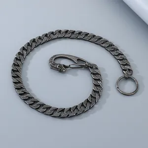 Vintage punk style dragon head clasp Cuban pants chain in blackened titanium steel finish