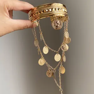 Brassard en Métal Vintage avec Pièce de Monnaie Portrait et Gland Bracelet de Bras de Style Bohémien Luxe Plaqué Or Argent Bijoux Femme