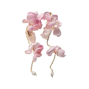 Elegant pink fabric flower drop earrings with dangling crystal tassels for sweet vacation style
