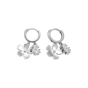 Elegant silver flower hoop earrings with sparkling zircon dangles for versatile styling