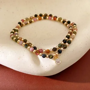 Double-layer 18k gold plated beaded bracelet with colorful stones and zirconia charm