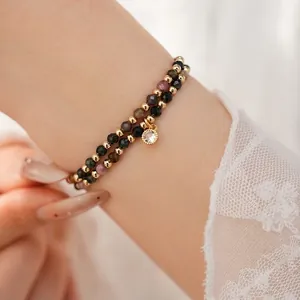 Double-layered 18k gold plated beaded bracelet with colorful stones and zircon charm.