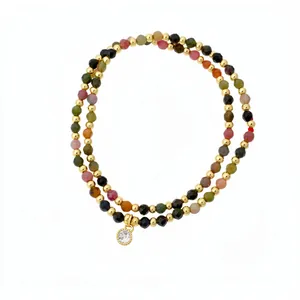18k gold plated double layer bracelet with multi-color beads and sparkling zircon charm