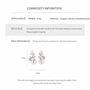Detail page of zircon and pearl clip-on earrings showing 3cm x 2cm size and material specs