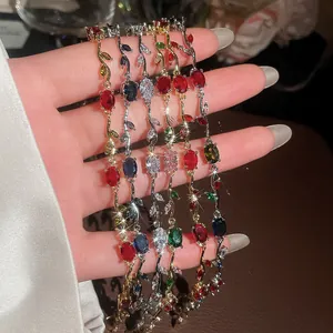Detailed view of elegant colorful zircon gemstone vine bracelets with high-shine sparkles.
