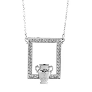 Detailed view of silver flower vase pendant with embossed floral rectangular frame