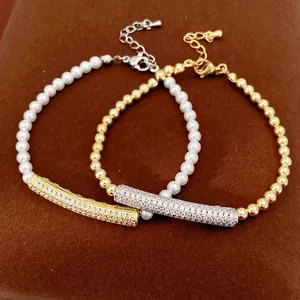 Modern Copper Zirconia Bamboo Joint Beaded Bracelet For Women Artificial Pearl Adjustable Delicate Lightweight Luxury Bracelet Gift
