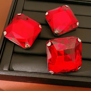 Luxury Iron Rhinestone Square Rhombus Stud Earrings And Ring Jewelry Set For Women With Silver Earring Post Red Colors