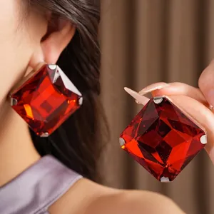 Statement oversized red square rhinestone stud earrings with silver needles for women
