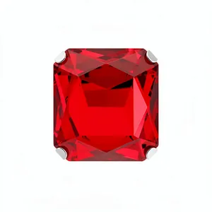 Elegant red emerald cut gemstone stud earring with silver prongs on white background