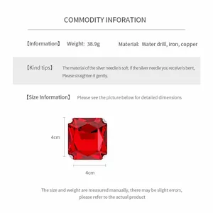 Detail of red square rhinestone earring with 4cm dimensions and material specs.