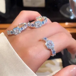 Exquisite Zirconia Square C-Shape Open Ring And Stud Earrings For Women Vintage Luxurious Copper Jewelry Silver Blue Accents Fashion Accessory Gift