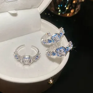 Exquisite silver zircon square open ring set with blue stones in white velvet box