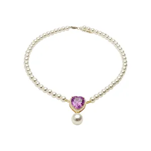 Elegant heart-shaped purple zircon pendant with white pearl strand necklace for women