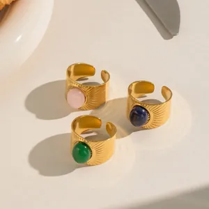 Retro stainless steel wide band open rings with oval natural stones and 18K gold finish