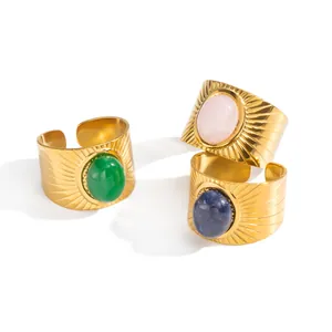 Vintage 18K gold plated stainless steel wide rings with oval natural stones set of 3.