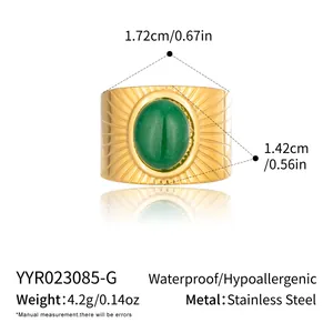 Detail of 18K gold plated stainless steel ring with green stone and measurement info