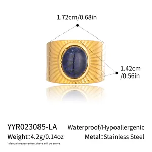 Detailed view of the gold stainless steel wide ring with size and material specifications