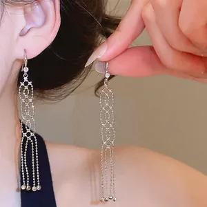 Fashion Geometric Round Tassel Ear Hook Earrings For Women Light Luxury Copper Zirconia Long Bead Chain Dangle Earrings Silver