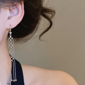 Close-up of long silver tassel earrings with zircon and geometric mesh design.
