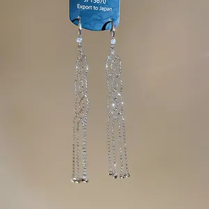 Detailed view of elegant silver-colored tassel earrings with sparkling cubic zirconia accents