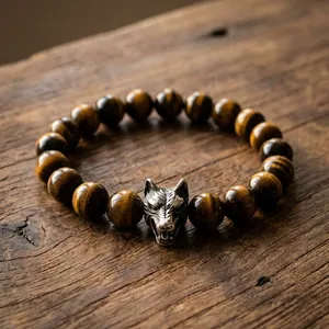 Macro detail of natural tiger eye beads and silver wolf head charm on beaded bracelet