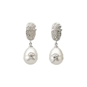 Elegant French vintage silver needle pleated flower pearl drop earrings for women jewelry