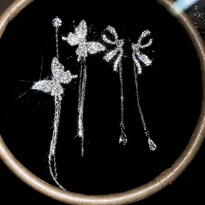 Copper Zirconia Bowknot Asymmetric Long Tassel Drop Stud Earrings With 925 Sterling Silver Earring Post For Women Elegant Jewelry