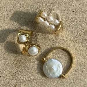 18K Vergoldet Edelstahl Süßwasserperle Offener Ring Gehämmerte Textur Wasserdicht Hypoallergen Schmuck Für Damen Geschenk