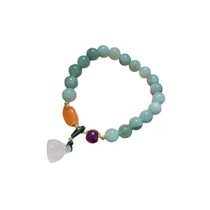 Elegant round lotus pod chalcedony beaded bracelet with natural green and orange stones
